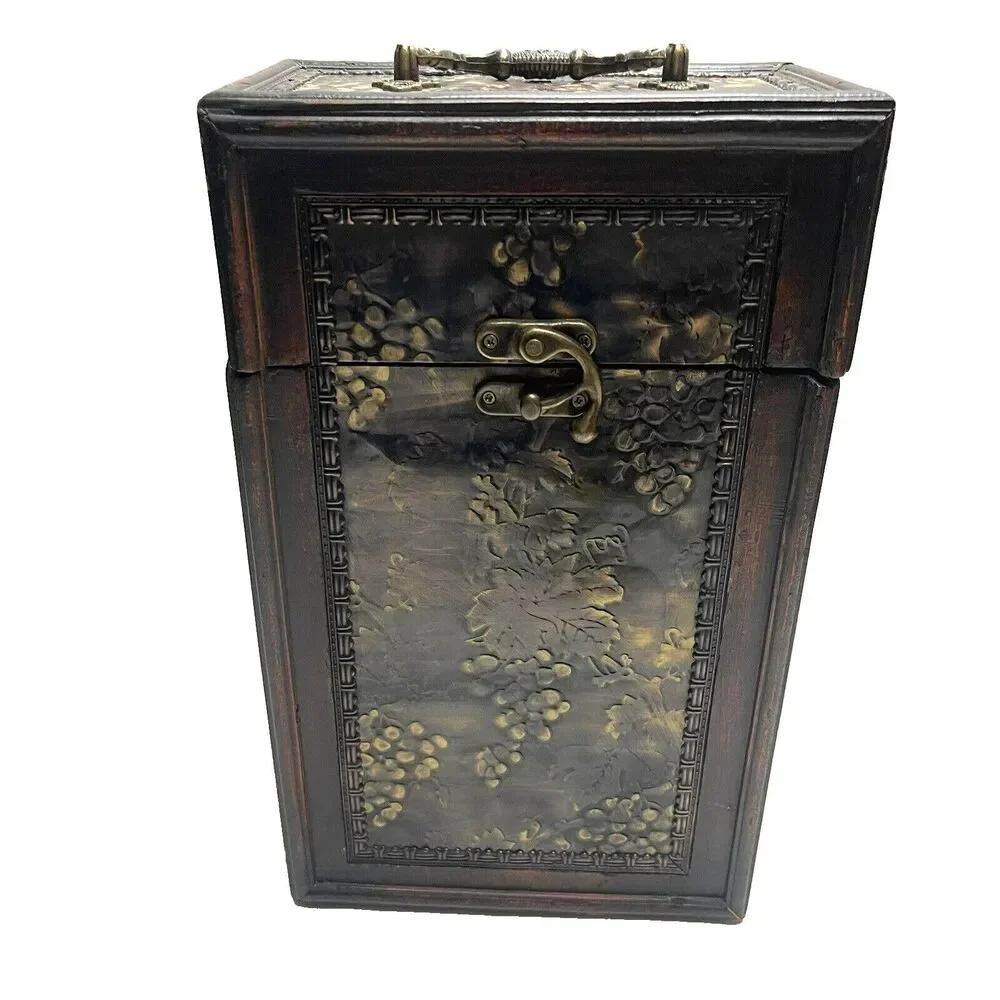 Wood Wine 2 Bottle Holder Hinged Storage Metal Grape Accents Handle Clasp